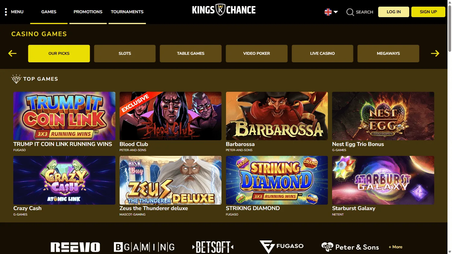Kings Chance Casino desktop games area with casino categories