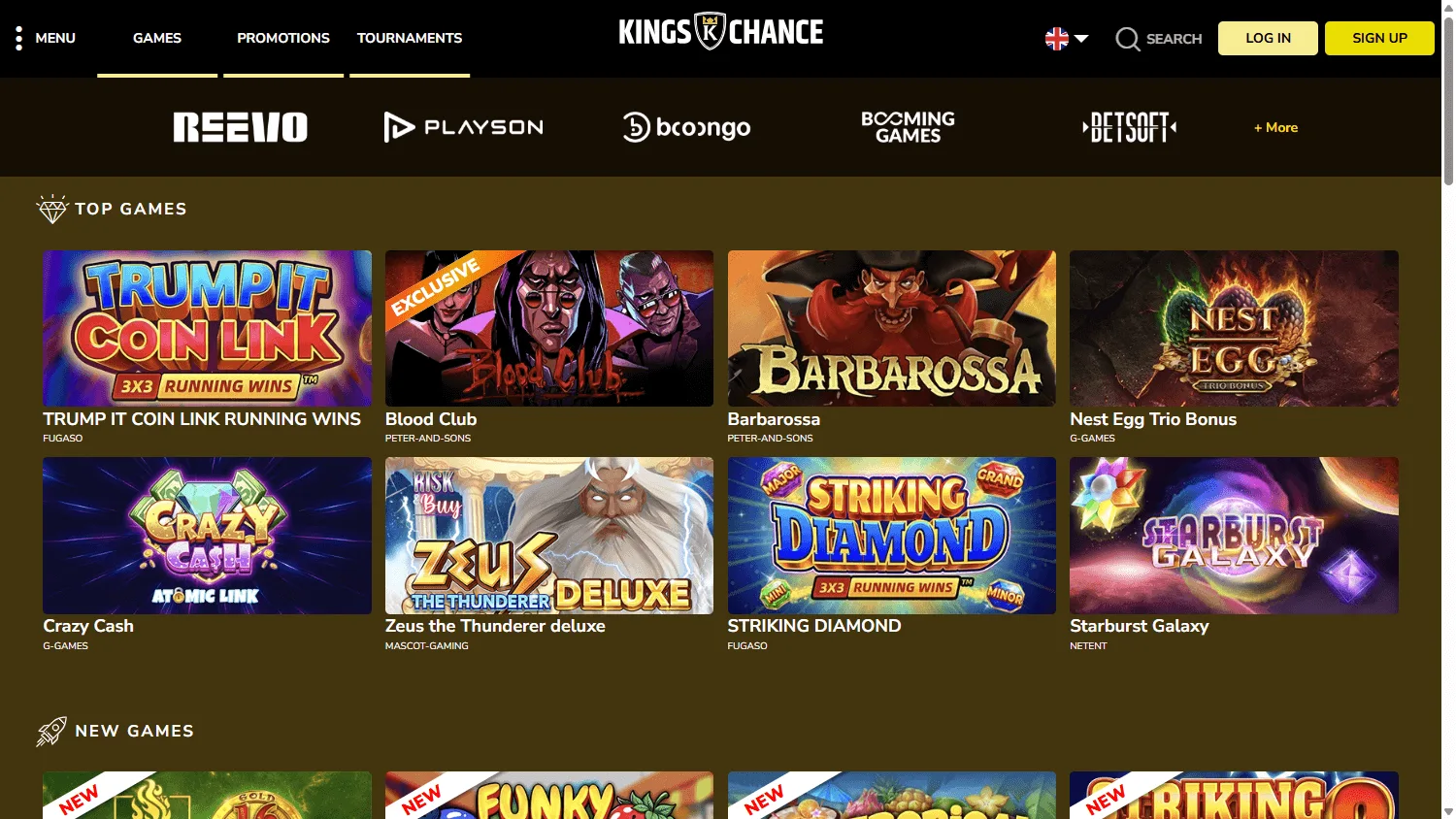 Kings Chance Casino desktop home view with the main casino offer