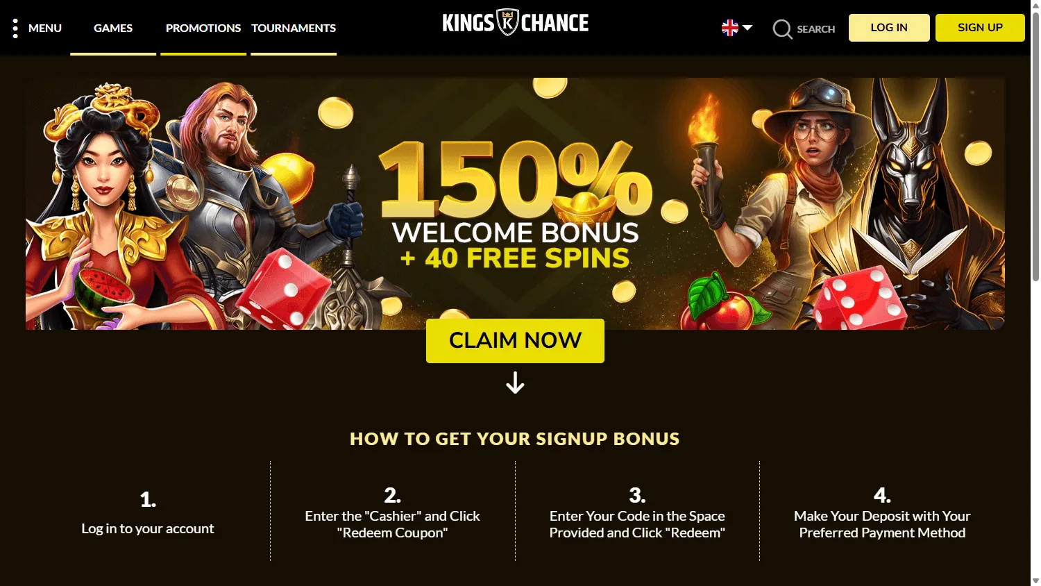 Kings Chance Casino desktop promotions area with welcome and cashback offers